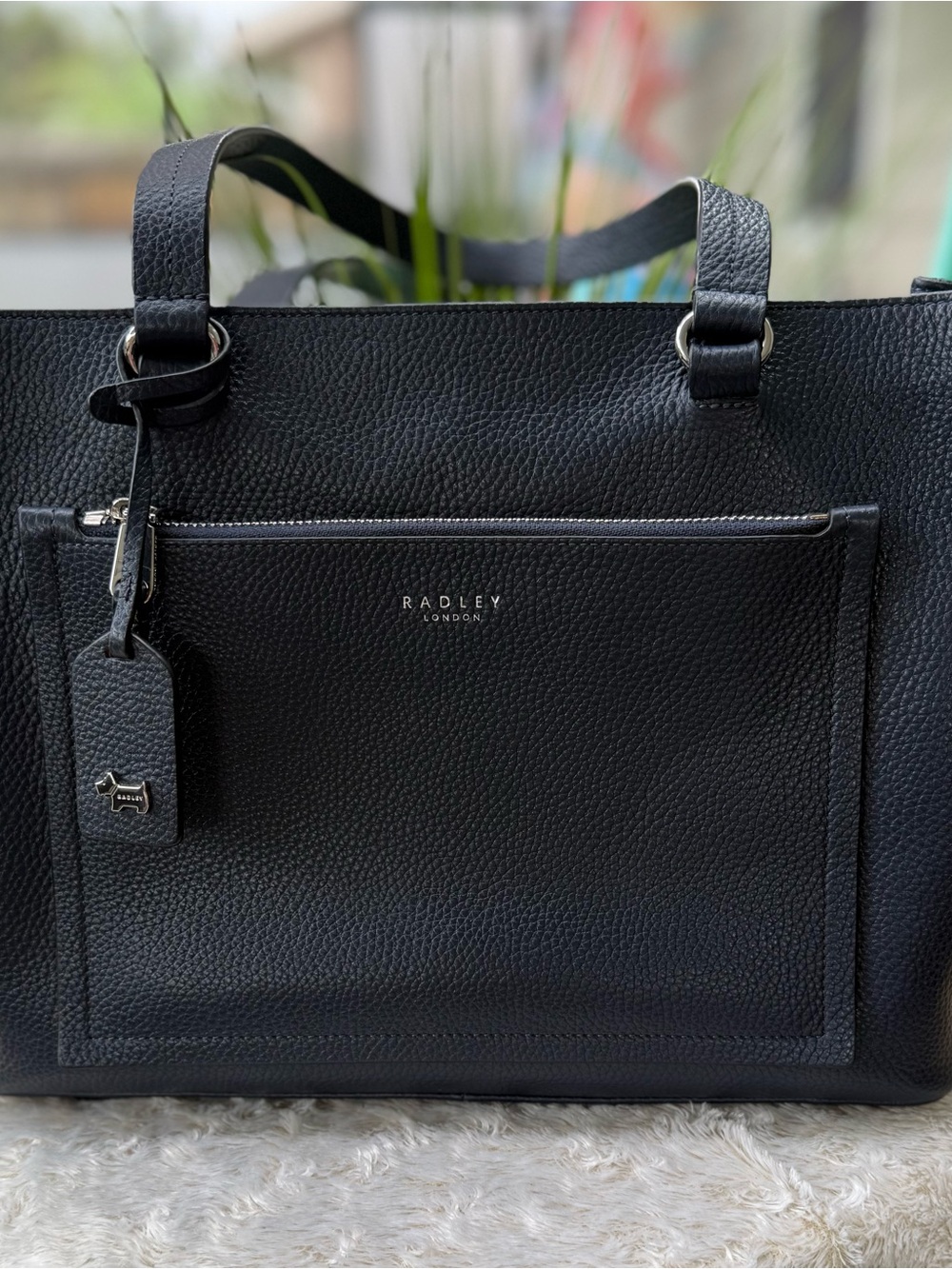 RADLEY LONDON Navy Blue Pebbled Leather Tote with Front Pocket